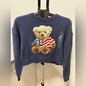 Grayson Threads Navy Cropped Sweater with Teddy Bear Flag Motif